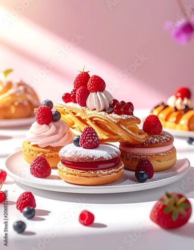 A delicious arrangement of assorted pastries and fresh berries on a white plate