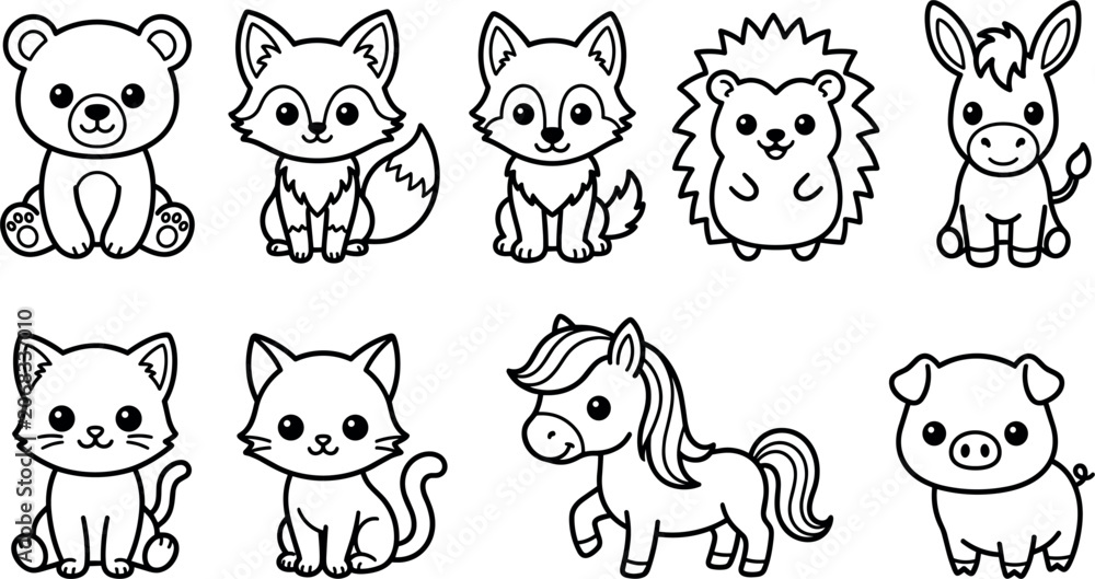 Obraz premium Cute cartoon line art vector icons of woodland and farm animals for coloring page