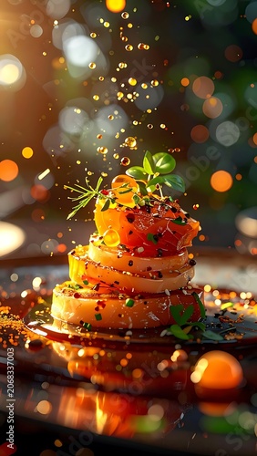 A gourmet dish with vibrant garnishes and spices