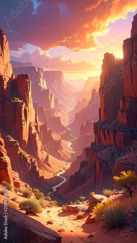A vibrant canyon landscape at sunset with rugged terrain