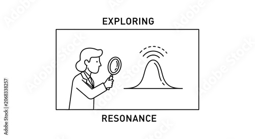 Scientist exploring resonance with magnifying glass, wave graph, research concept