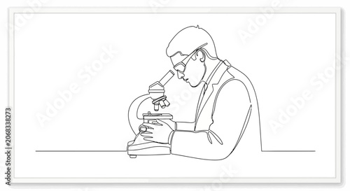 Scientist in Glasses Looking Through Microscope, Continuous Line Drawing