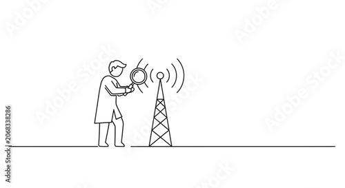 Scientist Inspecting Radio Tower Signal with Magnifying Glass, Communication Technology Concept