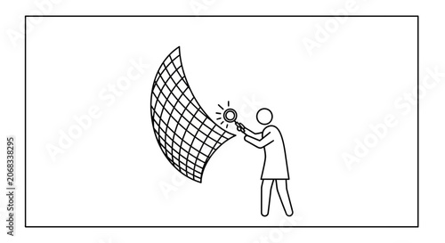 Scientist Inspecting Mesh Grid with Magnifying Glass, Research Concept