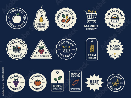 Fotografía Set of flat vector farmers market labels and organic food badges for branding, packaging, and healthy lifestyle marketing