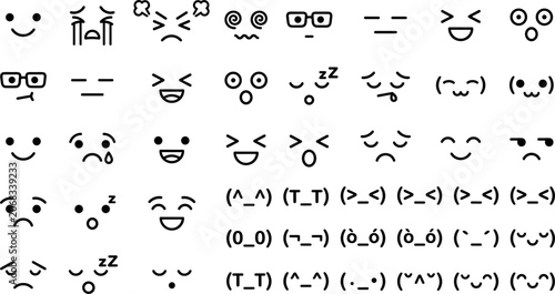 Photos Minimalist kaomoji emoticons and simple cartoon line art facial expressions vect
