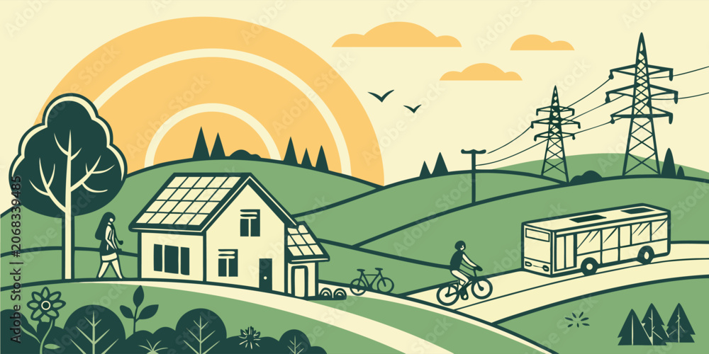 Naklejka premium Sustainable Rural Living Illustration, Renewable Energy, Green Transportation and Eco-Friendly Community Concept