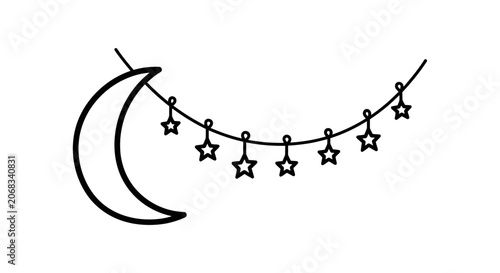 Crescent Moon and Stars Garlands Illustration.