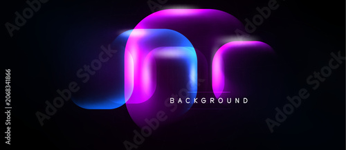 Abstract neon shapes overlap dark background. Vibrant pinks, blues create glowing effect. Modern design element for digital projects.