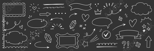 Line hand drawn arrow star set. Line arrow star hand drawn sketch pen marker brush stroke element icon..Heart check cloud bubble circle swirl cute cartoon decoration on chalkboard. Vector illustration