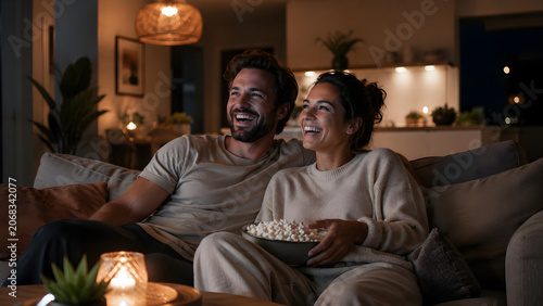 A couple watching TV on a lounge while eating popcorn