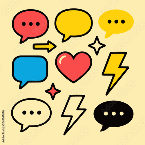 Seamless pop art icon pattern featuring colorful speech bubbles hearts and lightning bolts for vibrant background designs.