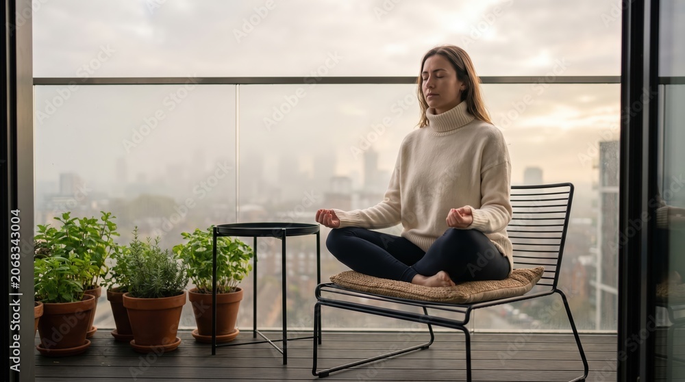 Fototapeta premium Young Woman Meditating in Lotus Position on Apartment Balcony with City View for Mental Health and Morning Wellness