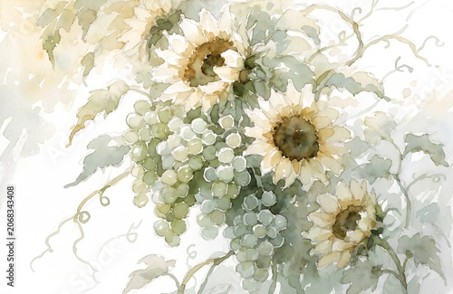 Soft watercolor illustration of sunflowers and frosted green grapes intertwined on a climbing vine
