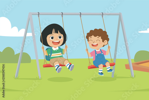 Happy Kids Swinging in Park Vector