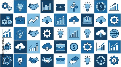 Diverse Collection of Business and Technology Icons for Digital Concepts and Solutions