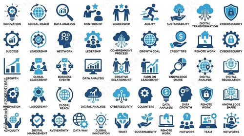 Business Icons Set Representing Growth, Innovation, Strategy, and Digital Transformation