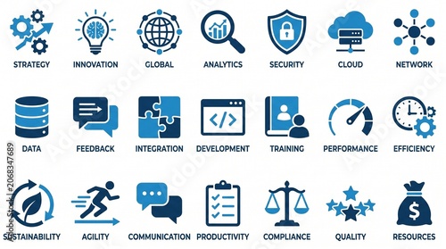 Modern corporate and marketing vector icon set in blue tones
