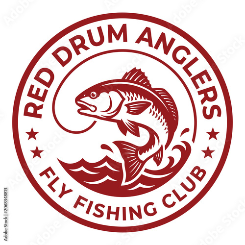 Red Drum Anglers Fly Fishing Club logo with fish and waves icon