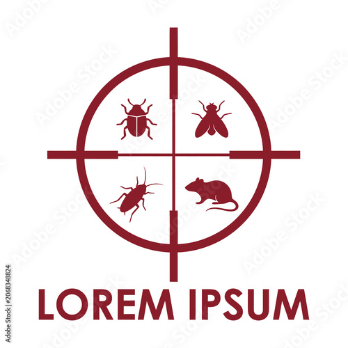 Fényképezés Red pest control logo with bug fly beetle and mouse in crosshair target icon