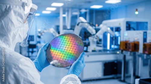 Detailed Image of Scientist in Cleanroom Suit Holding Silicon Wafer in Advanced Semiconductor Manufacturing Environment