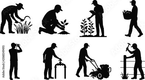 Bild auf Leinwand Farmer and Agriculturist Silhouettes Working in Field Vector Collection Set