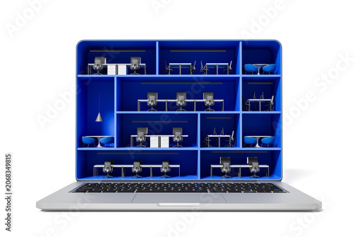 Laptop-shaped open office concept with miniature workspaces and furniture arranged inside screen frame in modern blue interior on white background. 3D Rendering