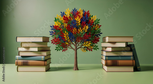 Colorful tree made of books with stacks on either side on a green background