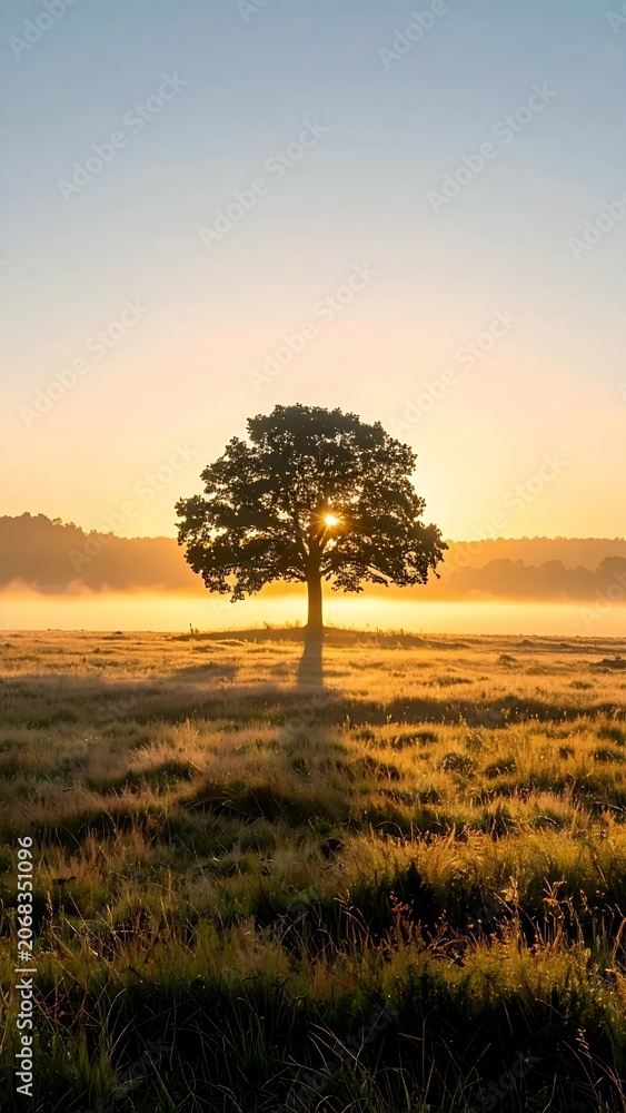 Fototapeta premium Solitary Tree Bathed in Golden Sunrise Light Over Misty Meadow.