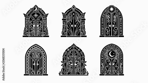 Gothic Arched Doorways Set: Mystical Moon, Stars, and Floral Ornate Designs