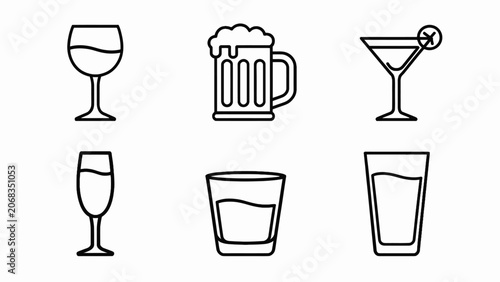 Cuadro en lienzo Collection of six different beverage icons: wine glass, beer mug, cocktail