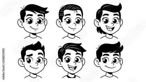 Diverse Boy Hairstyles Collection: Cartoon Faces Set
