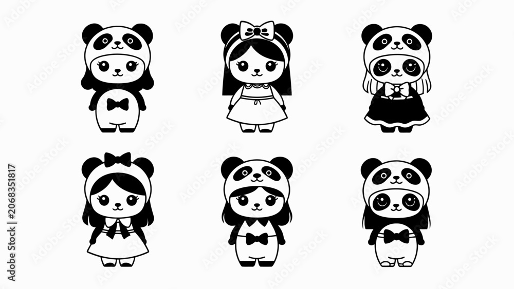 Obraz premium Cute Kawaii Panda Girl Characters Set