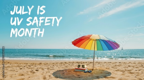 Colorful beach umbrella on sunny sandy shore