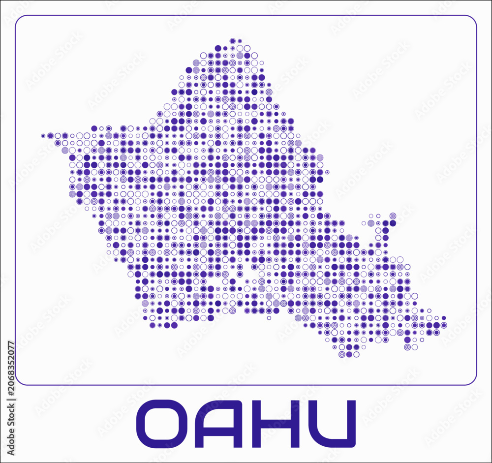 Obraz premium Oahu digital style map. Small circle dots on white background. Dotted shape of the island. Oahu map and title. Modern vector illustration.