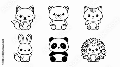 Cute Cartoon Animals Set: Fox, Bear, Cat, Rabbit, Panda, Hedgehog