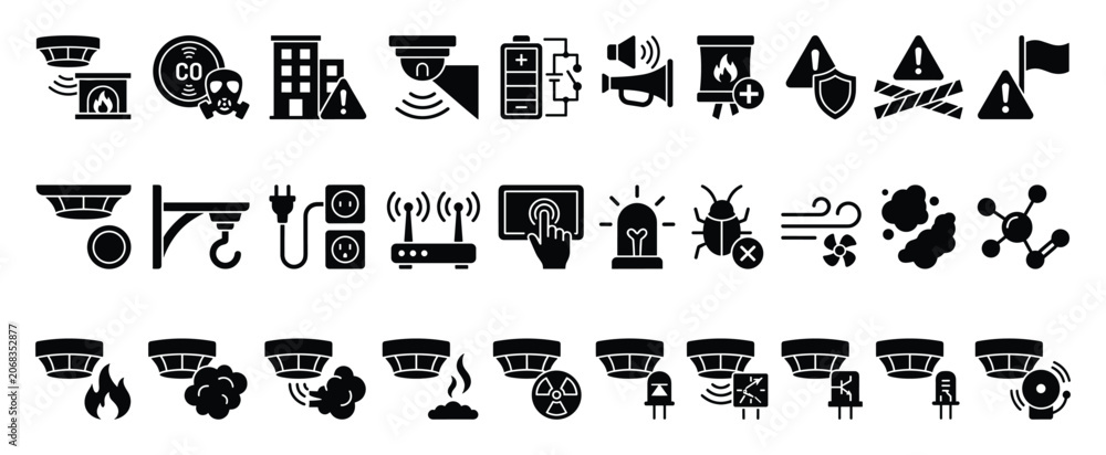 Obraz premium Set of safety monitoring and alarm system icons for smart home security applications and environmental hazard detection technology in buildings