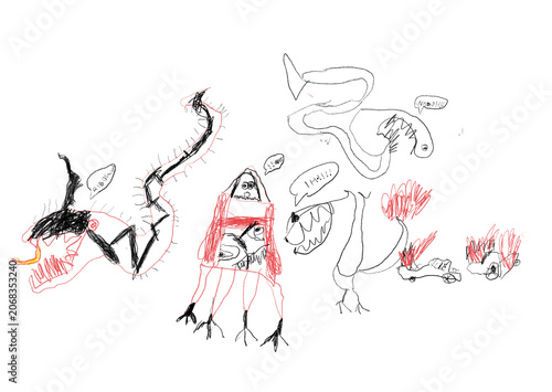 Εκτύπωση καμβά Child Drawing of Monsters and Mythical Beasts in Sketch Style