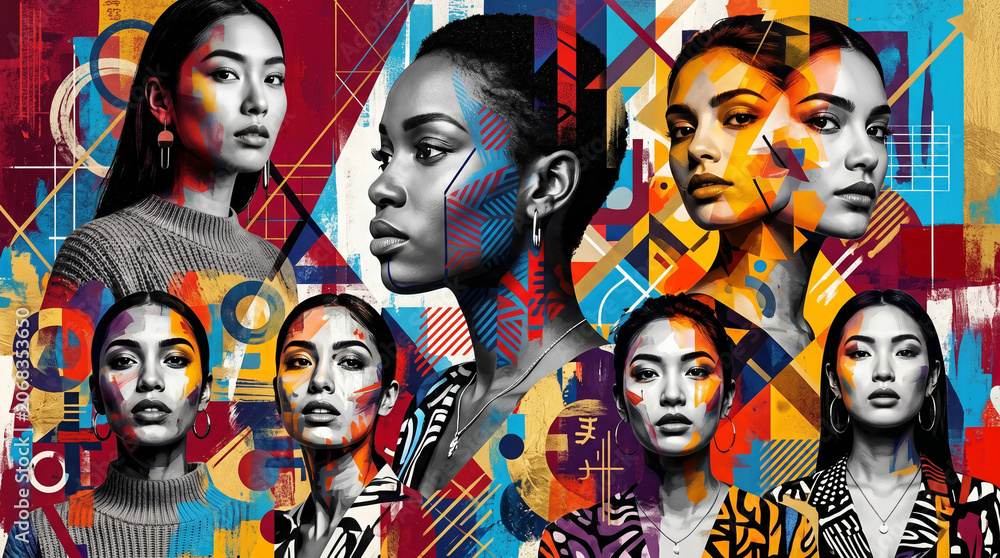 Obraz premium Colorful pop art collage of diverse female faces.