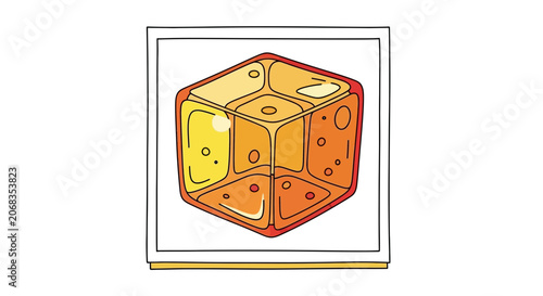 Abstract Amber Cube with Bubbles and Geometric Shapes
