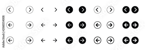Photos Arrow button icon set with next previous rounded navigation symbols, website slider app interface vector illustration