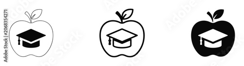 Black and white apple education icons with graduation cap vector illustration. Education icons with graduation cap on apple logo for school or university branding vector illustration.