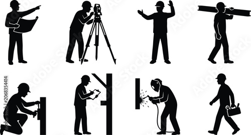 Принти на полотні Construction workers and engineers silhouette icons set featuring builders surve