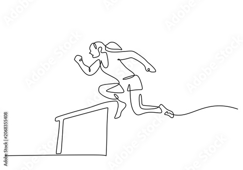 Foto Continuous line drawing woman hurdler jumping over obstacle