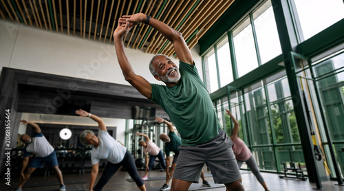 Smiling senior Black man doing stretching exercises in a group fitness class. Older adults working out together in a modern gym. Active aging and community wellness concept