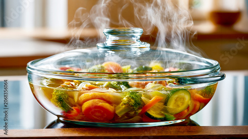 Steaming Vegetable Soup in Glass Casserole Dish. AI generative.