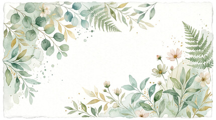 Watercolor botanical frame with eucalyptus leaves, fern fronds, and small pale flowers on a white background, horizontal composition