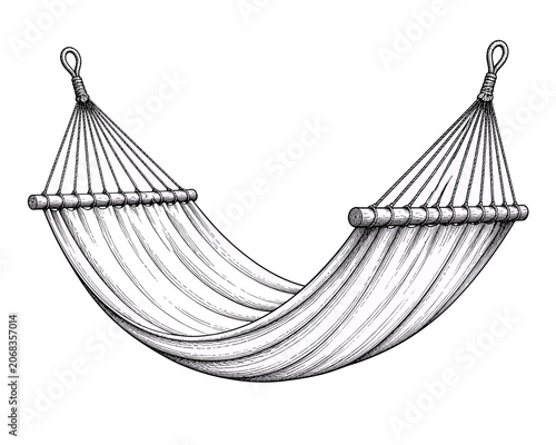 Photos A detailed black line illustration of a hanging fabric hammock with rope supports and wooden spreader bars, symbolizing outdoor relaxation, rest, comfort, and leisure