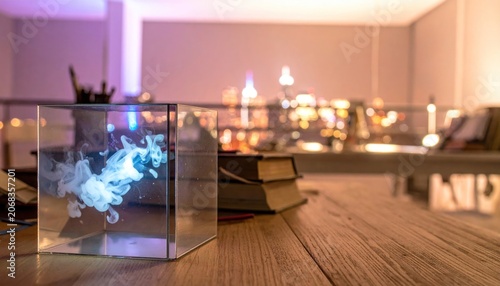 Illuminated cube displays swirling smoke, city lights blur in the background on a wooden surface