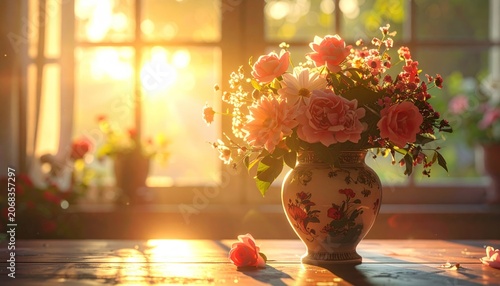 Warm sunlight streams through a window, illuminating a floral bouquet in a decorative vase